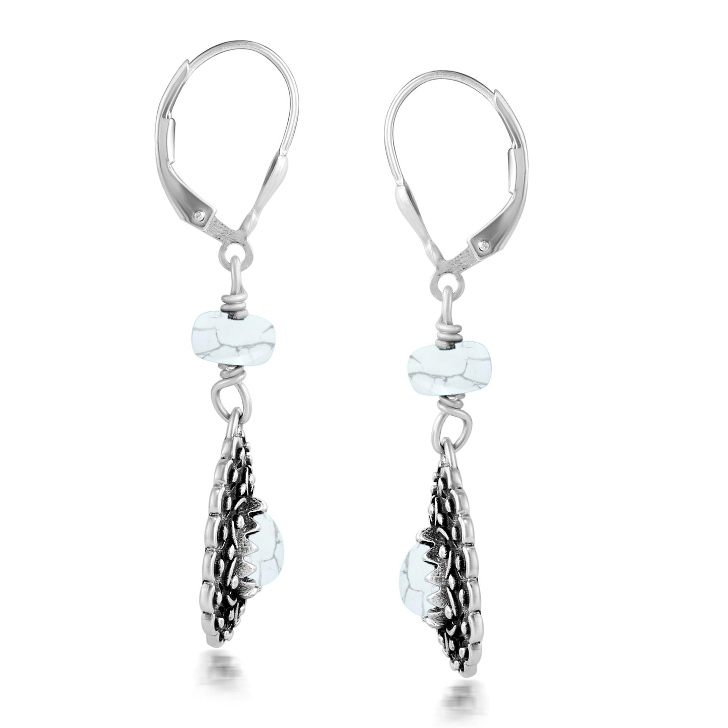 Sterling Silver White Howlite Pear-Shaped Concha Lever Back Earrings