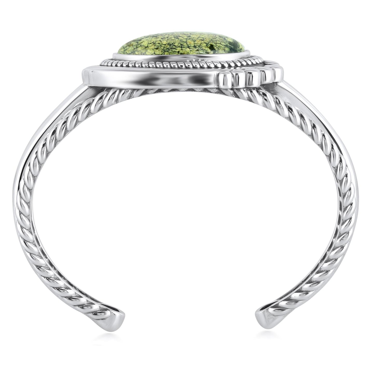 Sterling Silver Spiderweb Serpentine Bold Oval Gemstone Rope Cuff Bracelet