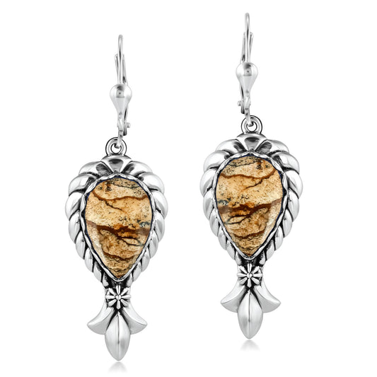 Sterling Silver Picture Jasper Pear Gemstone Squash Blossom Lever Back Earrings