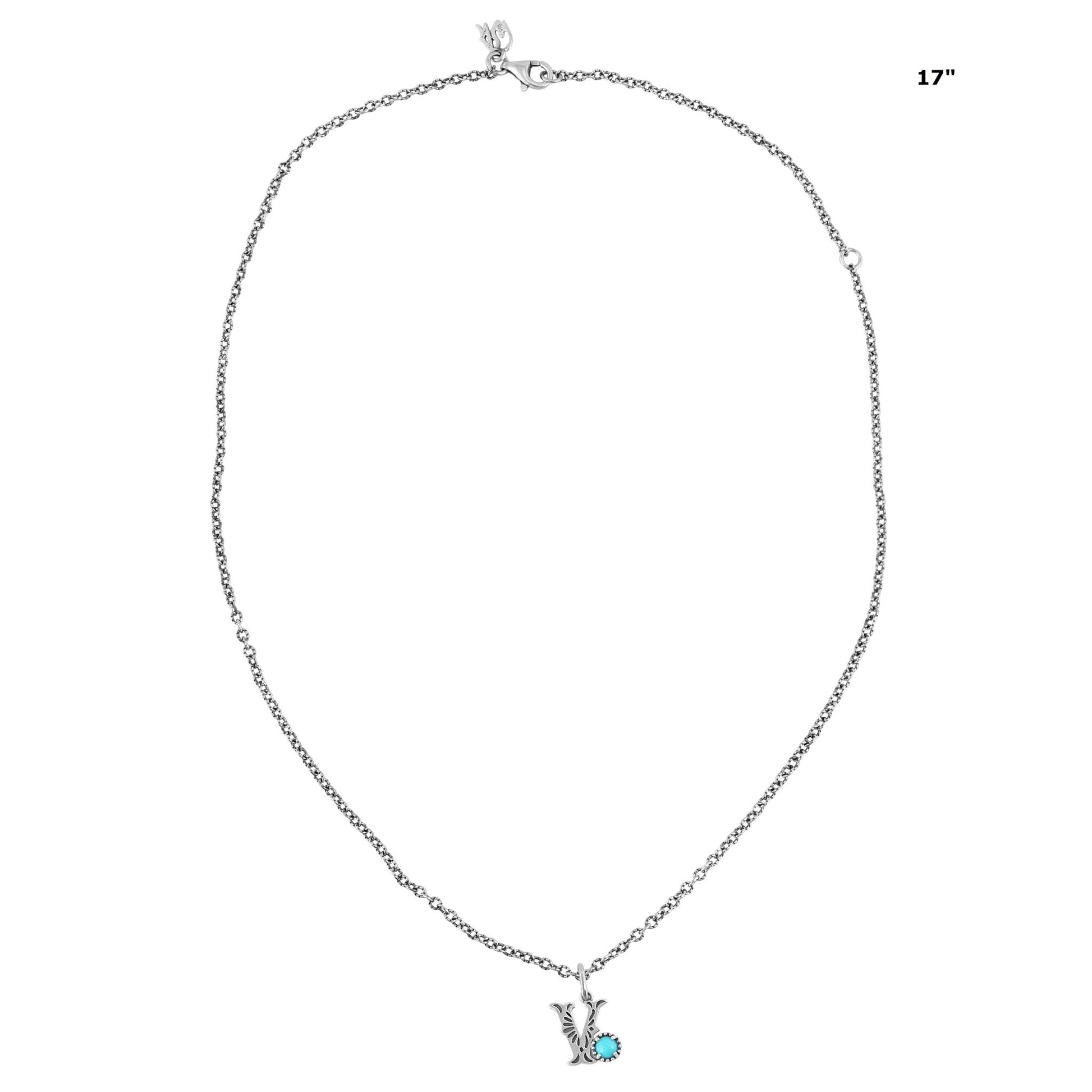 Sterling Silver Sleeping Beauty Turquoise Initial "V" Pendant and Chain Necklace, 17 to 20 Inches