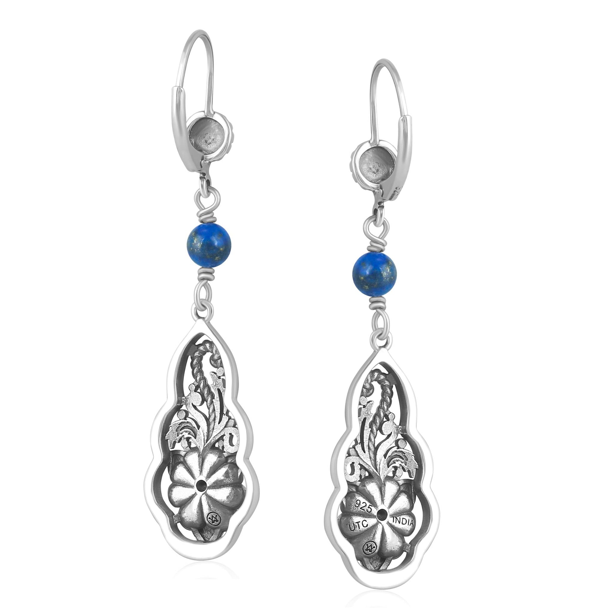 Sterling Silver Lapis Flower Gemstone Bead Lever Back Earrings