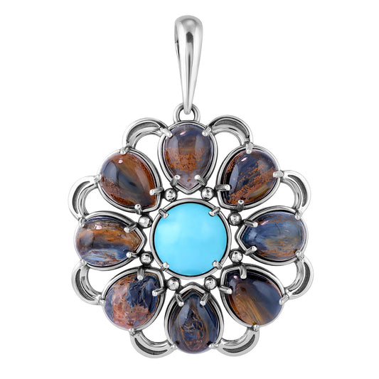 Sterling Silver Pietersite and Kingman Turquoise Pear Shape Circle Pendant Enhancer