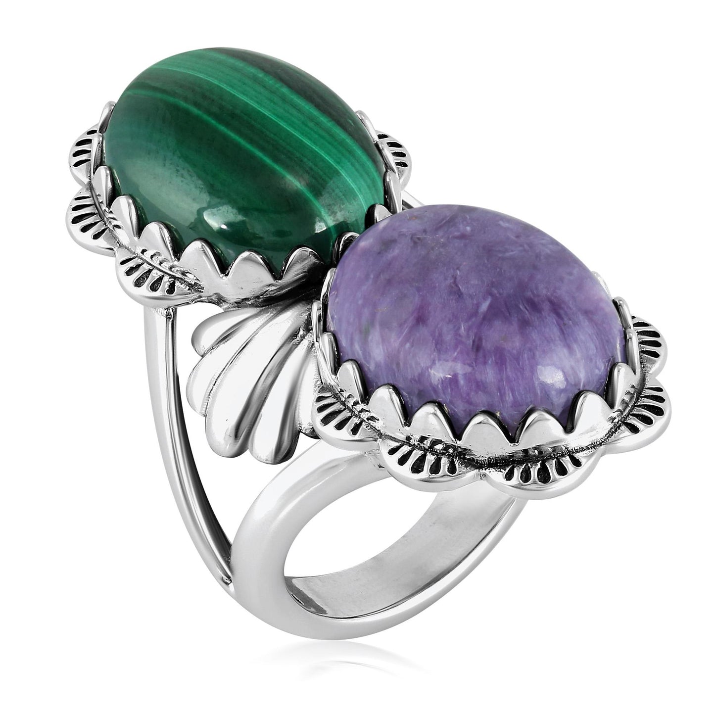 Sterling Silver Oval Charoite and Malachite Scalloped Ring
