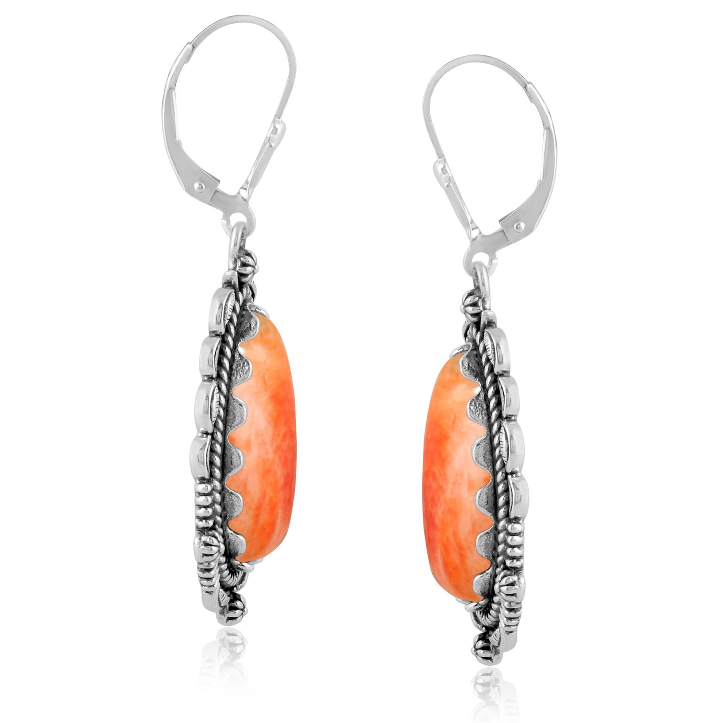 Sterling Silver Orange Spiny Oyster Gemstone Pear-Shaped Dangle Earrings