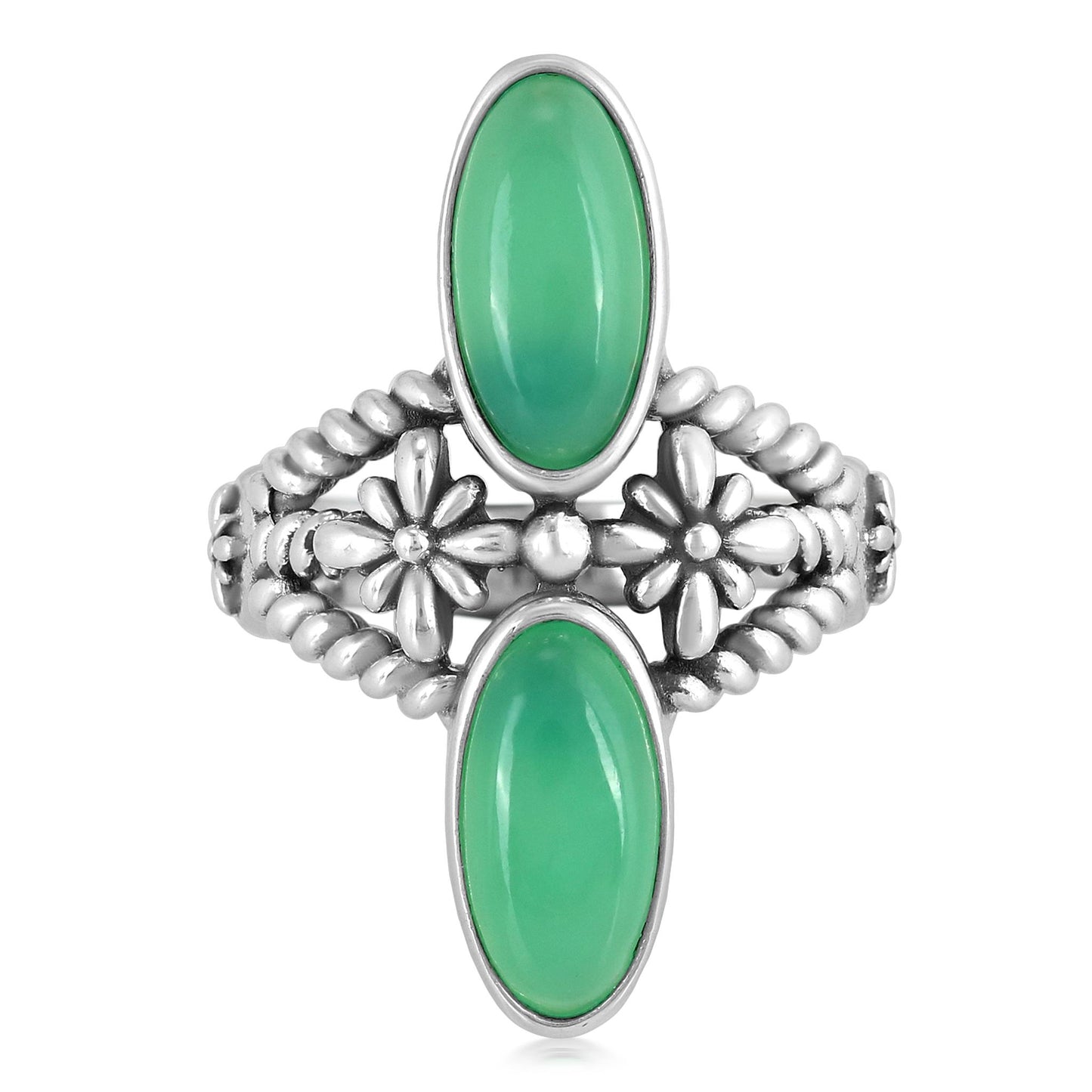 Sterling Silver Chrysoprase North - South Oval Concha Flower Ring