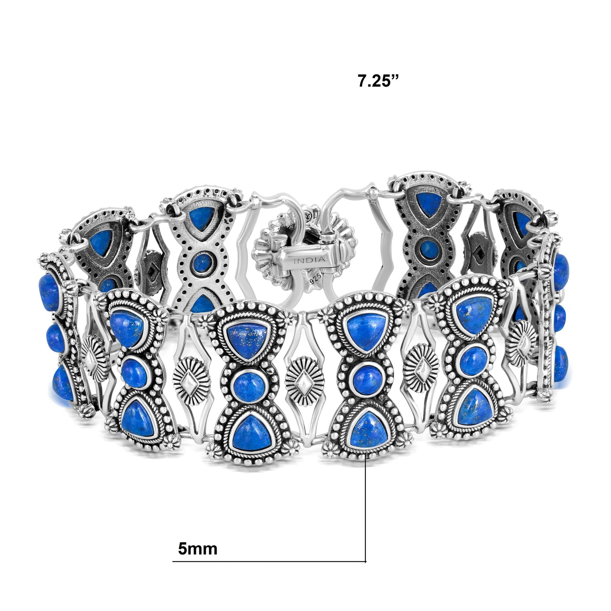Sterling Silver Lapis Round and Trillion Cut Link Bracelet