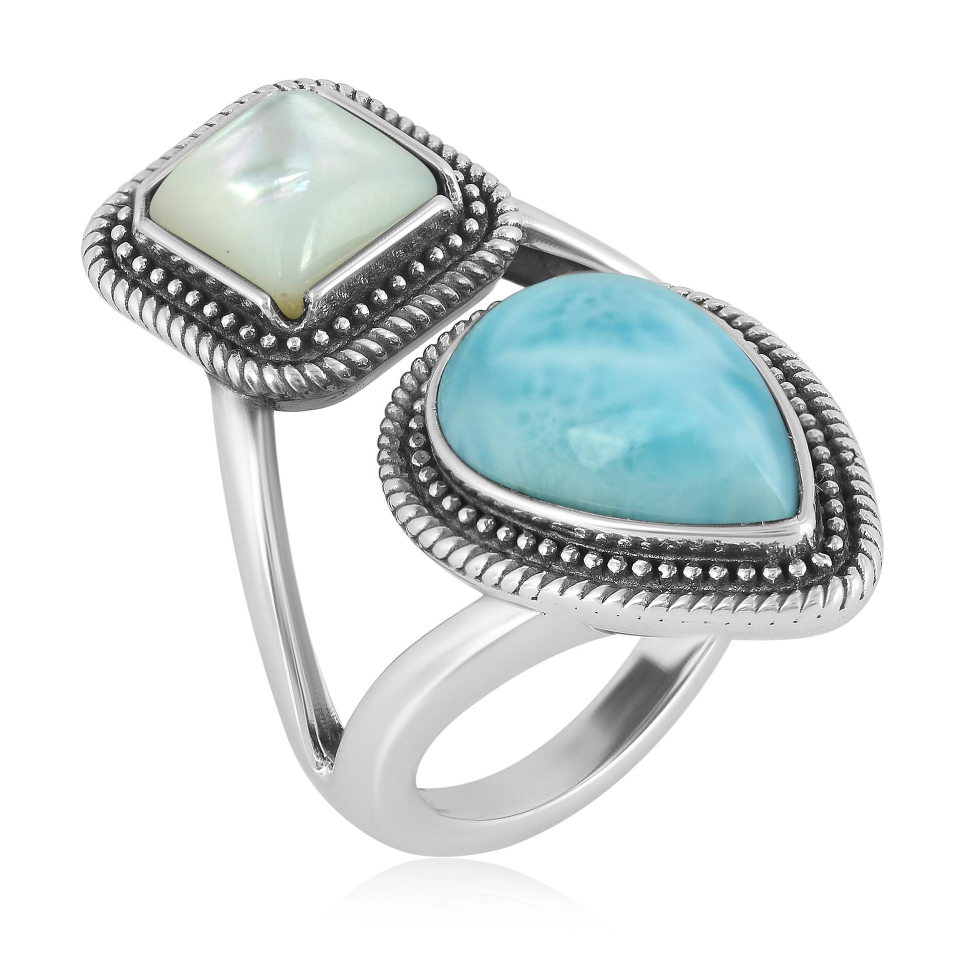 Sterling Silver Larimar and White Mother of Pearl Pear and Square Gemstone Rope Ring