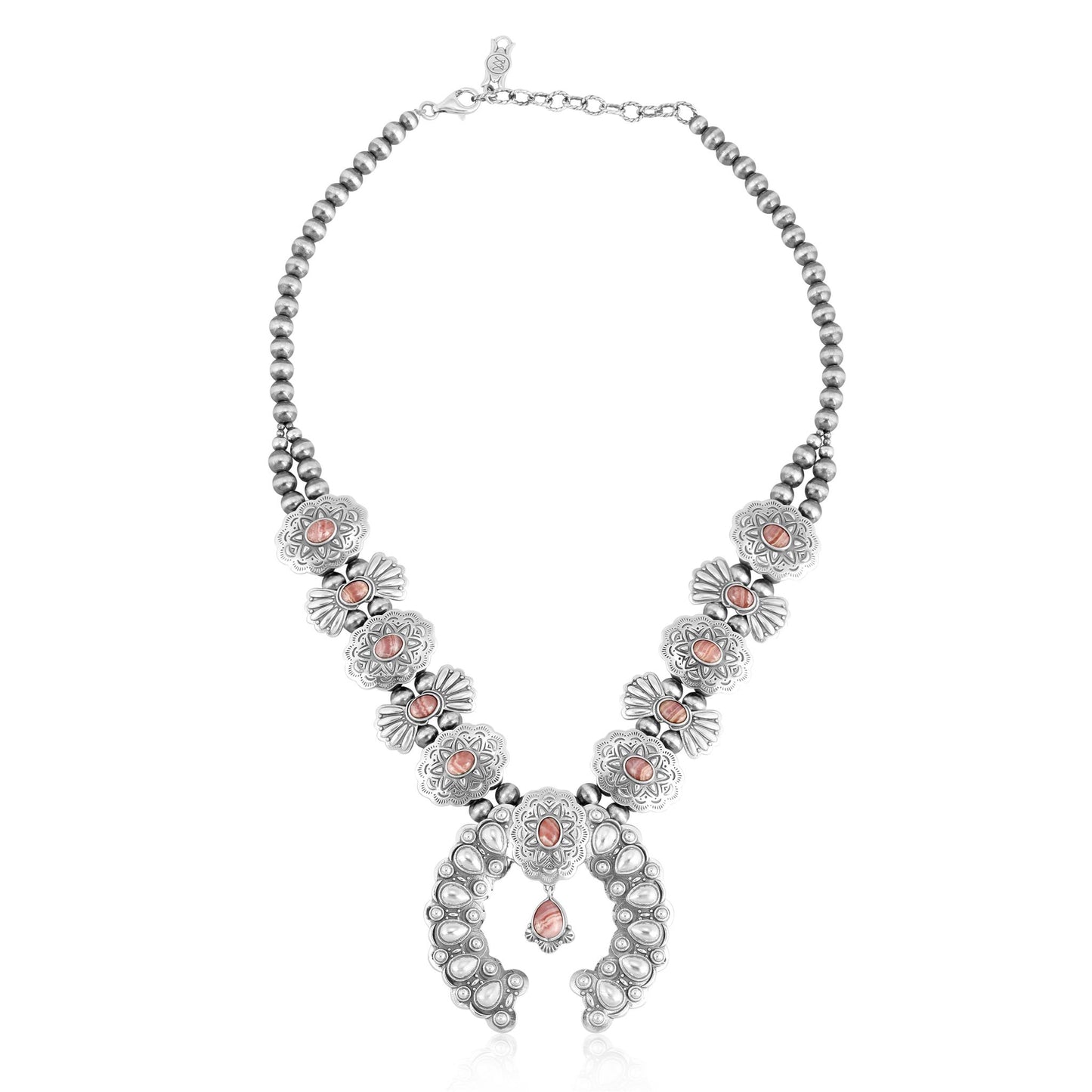 Sterling Silver Rhodochrosite Concha Butterfly Squash Blossom Necklace