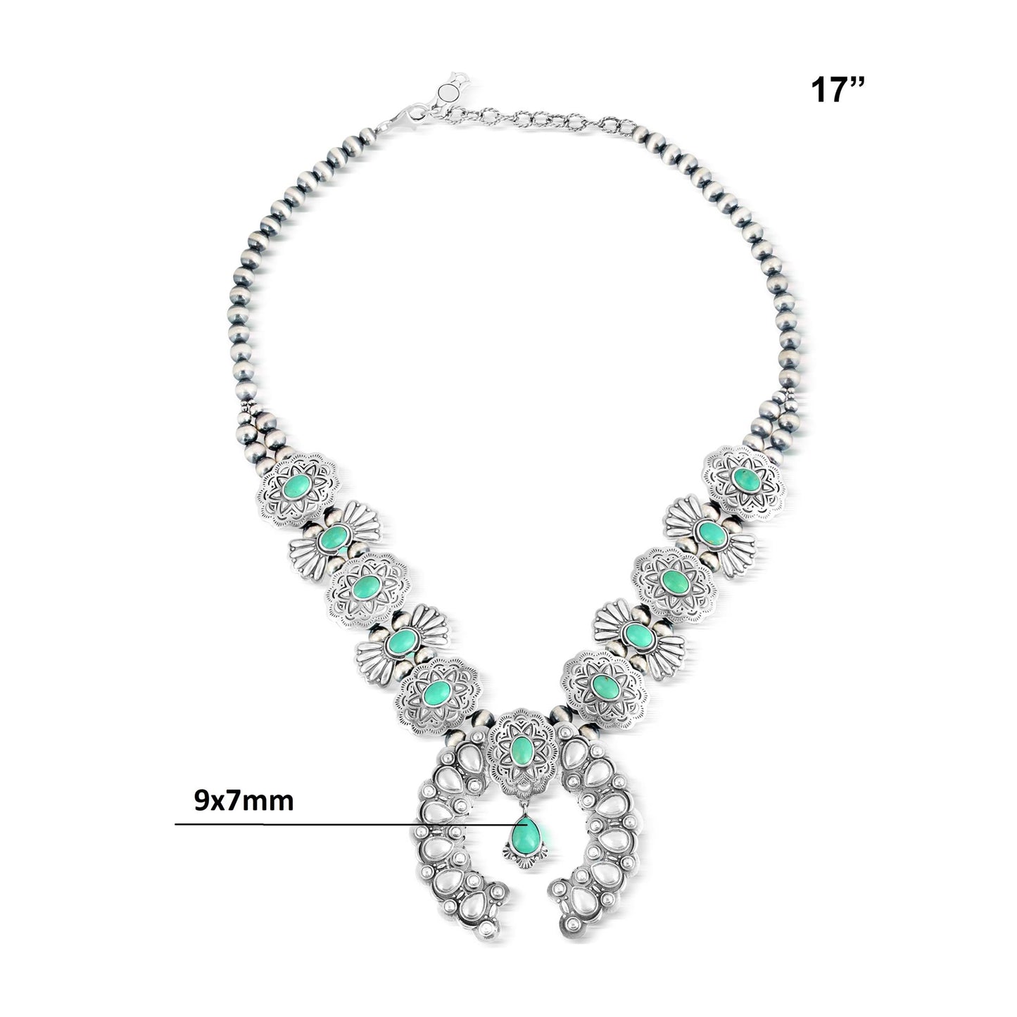 Sterling Silver Green Turquoise Concha Butterfly Squash Blossom Necklace