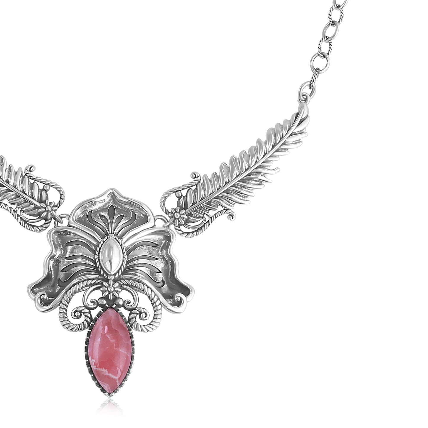 Sterling Silver Rhodochrosite Cactus Flower Marquise Feather Necklace