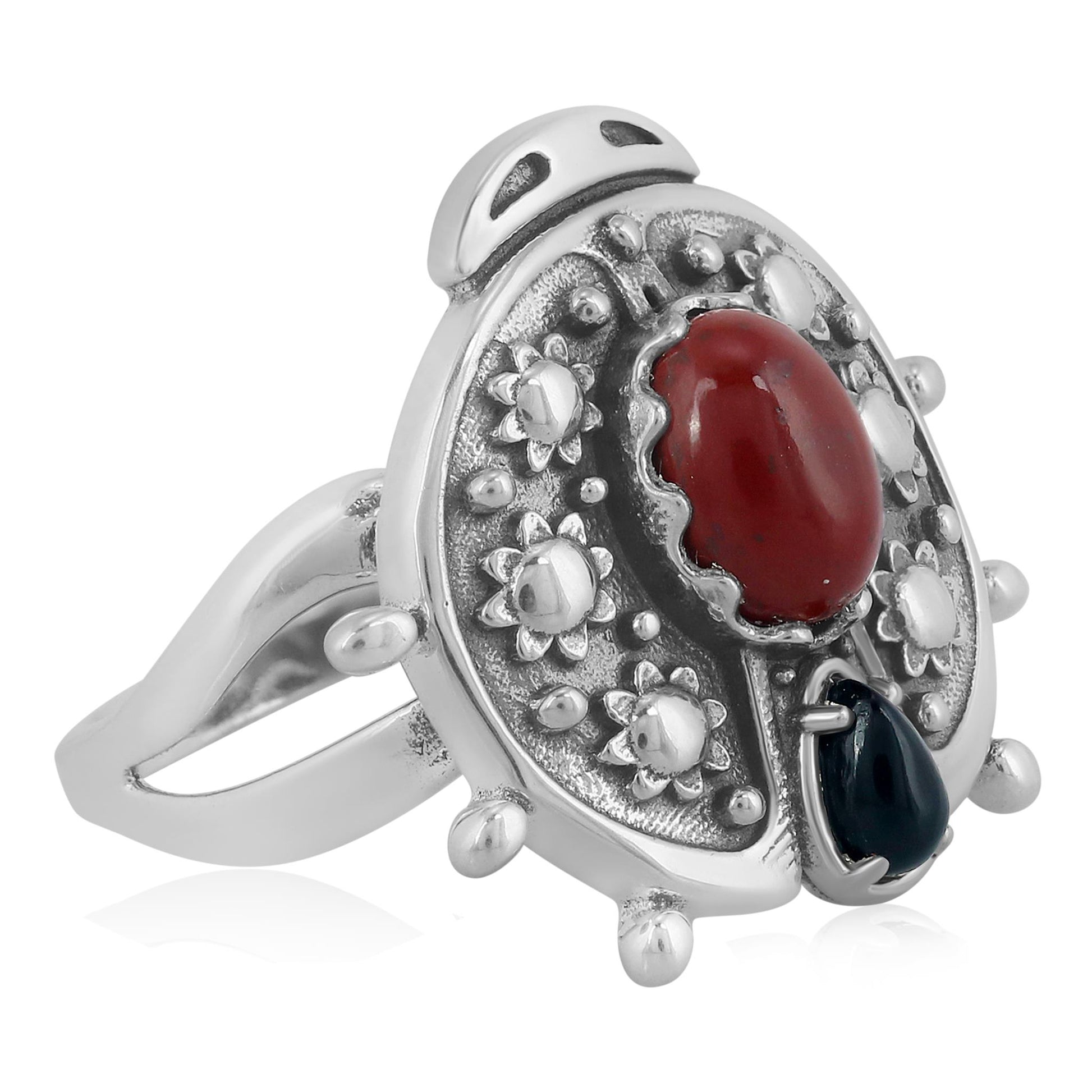 Sterling Silver Red Jasper Black Onyx Ladybug Ring