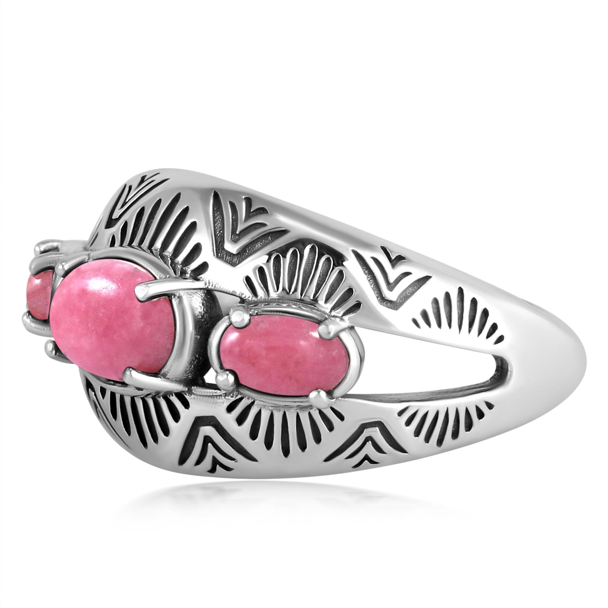 Sterling Silver Rhodonite 3-Stone Oval Band Ring