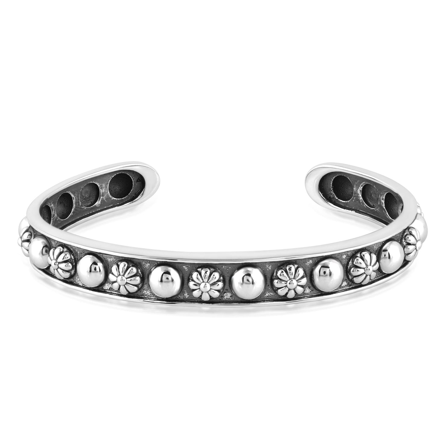 Sterling Silver Concha Flower and Bead Narrow Cuff Bracelet