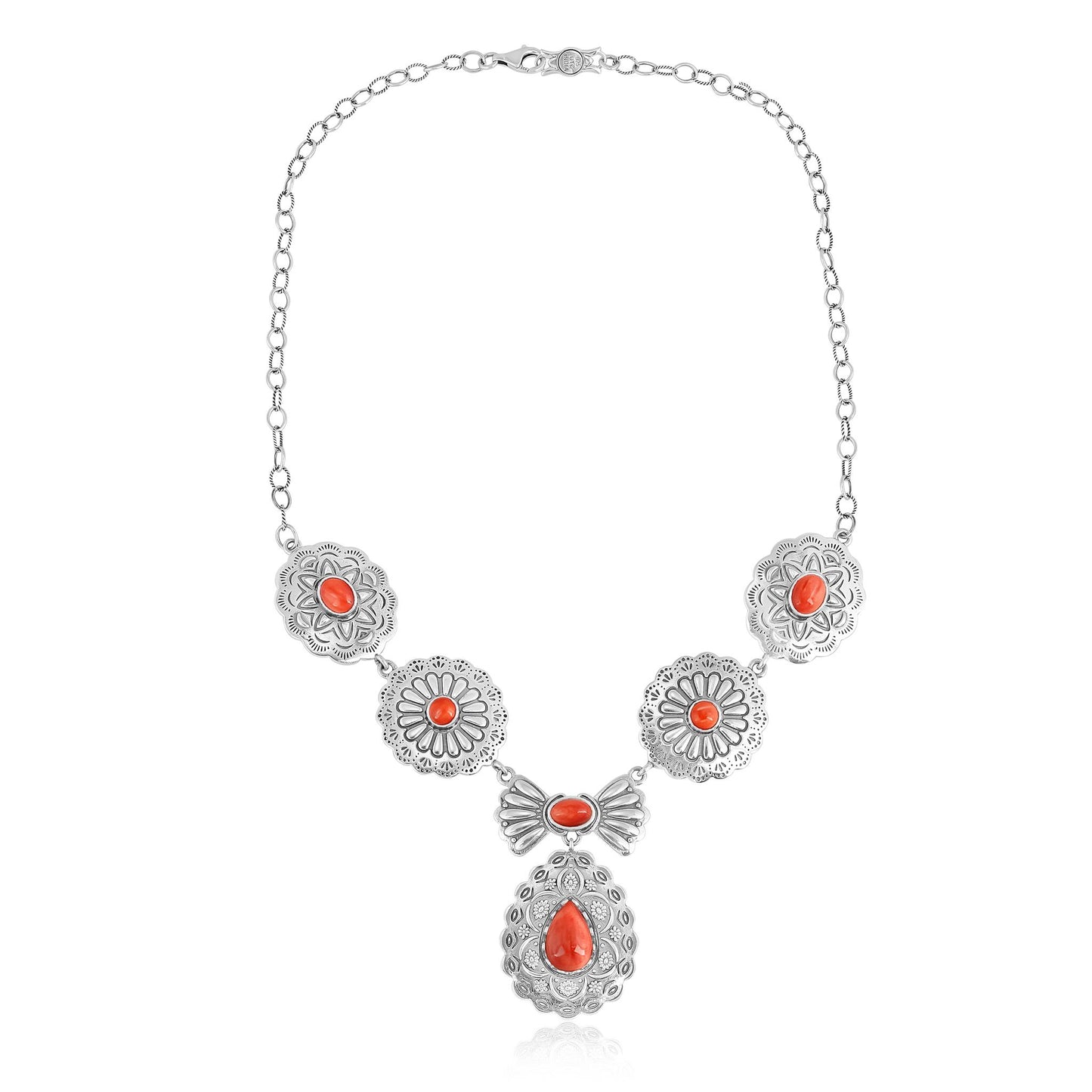 Sterling Silver Red Spiny Oyster Concha Statement Necklace
