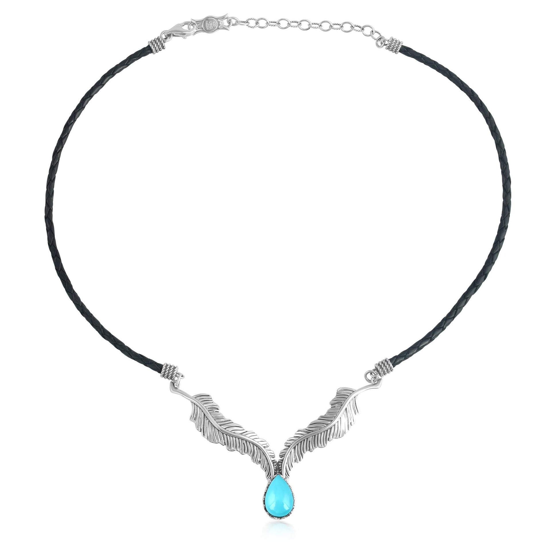 LIMITED EDITION! Sterling Silver Sleeping Beauty Turquoise Black Leather Feather Design Necklace
