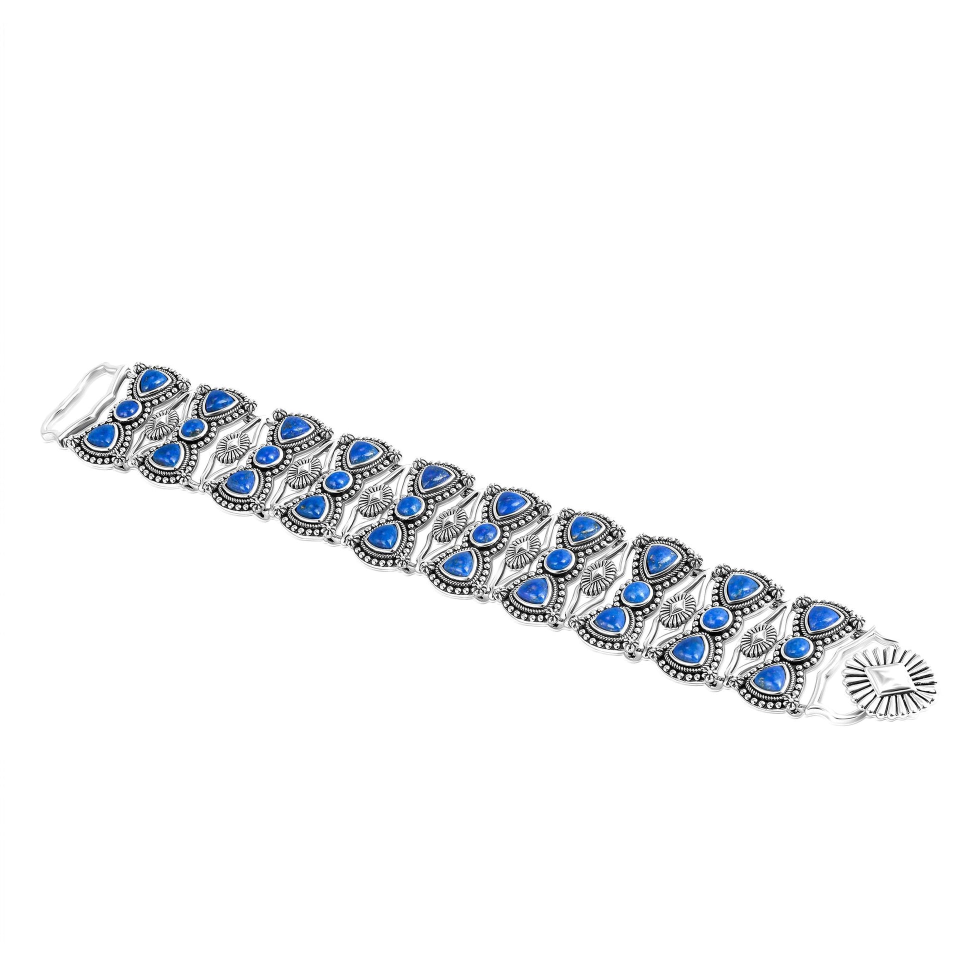 Sterling Silver Lapis Round and Trillion Cut Link Bracelet