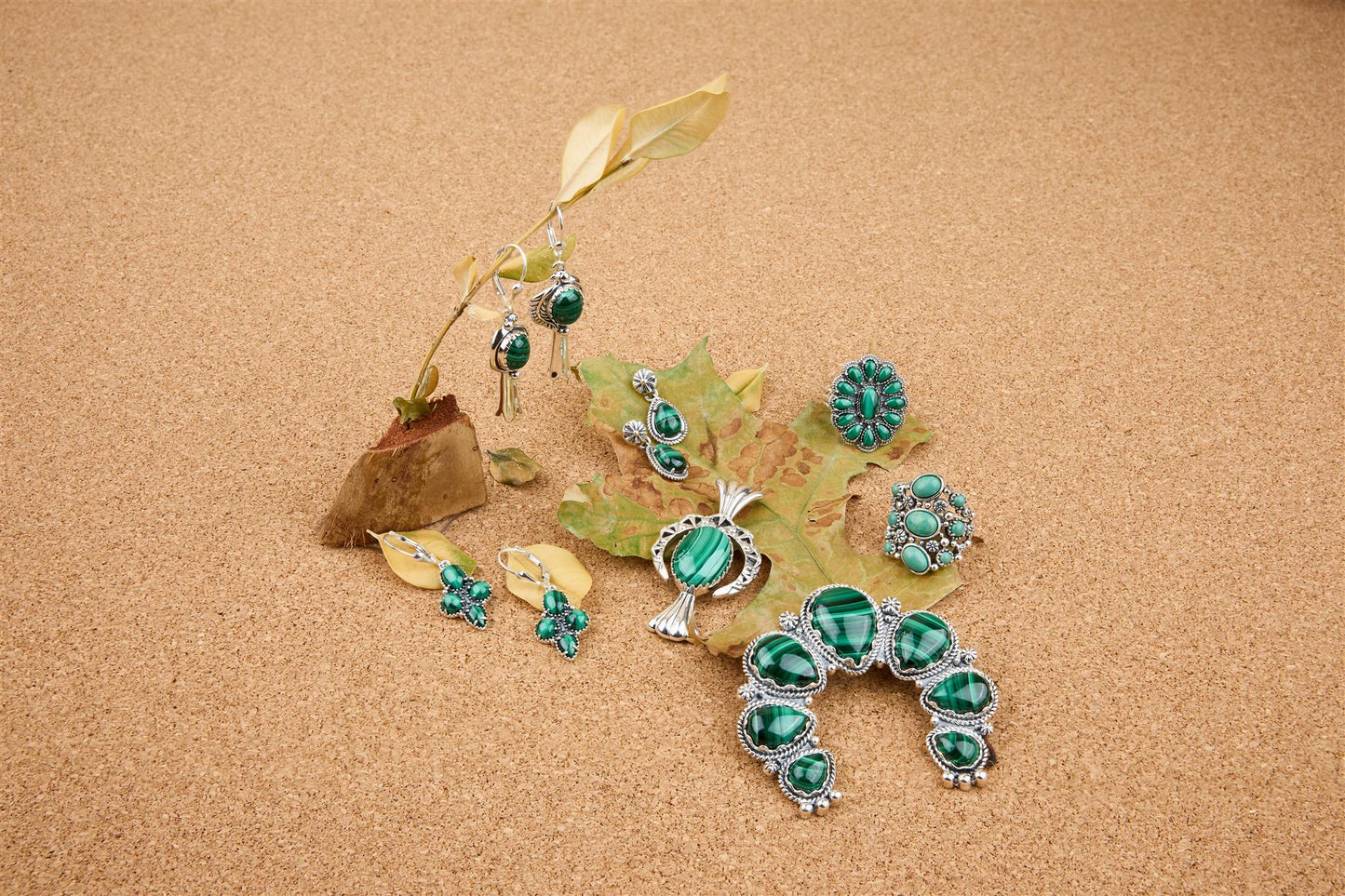 EXCLUSIVELY OURS! Sterling Silver Malachite Leaf and Squash Blossom Design Dangle Earrings