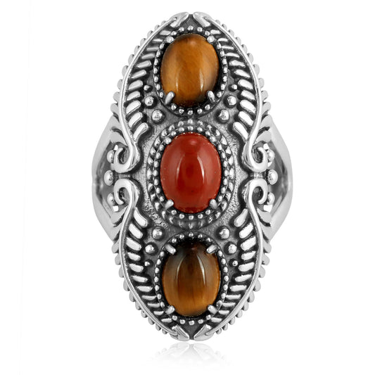 Sterling Silver Tiger's Eye and Red Jasper Feather Ring