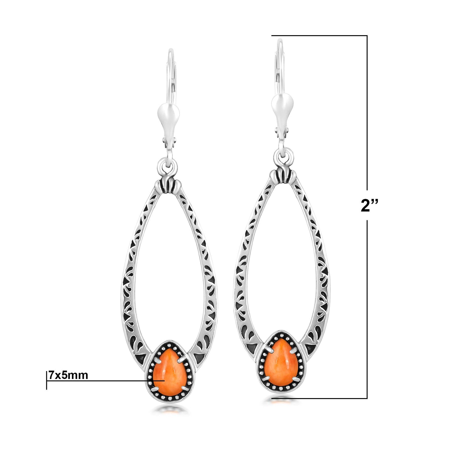 Sterling Silver Orange Spiny Oyster Pear-Cut Long Oval Lever Back Dangle Earrings