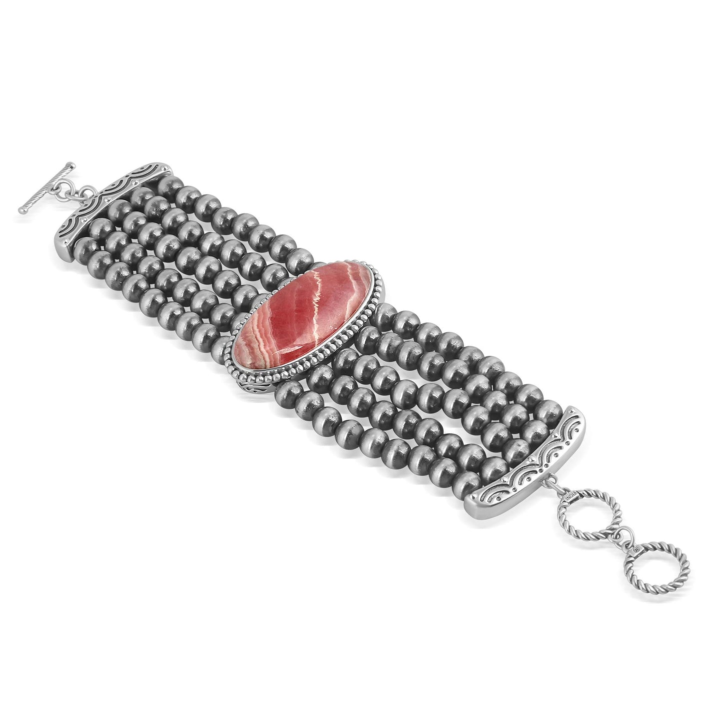 Sterling Silver Oval Rhodochrosite Oval Cut Beaded Toggle Bracelet