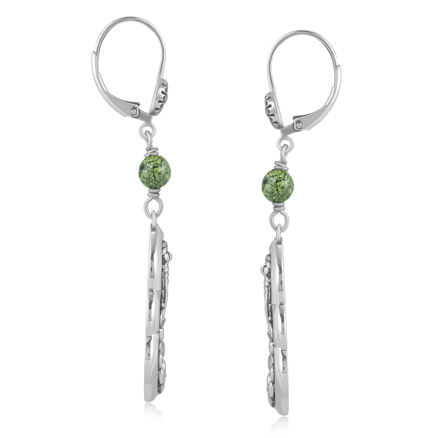 Sterling Silver Serpentine Flower Gemstone Bead Lever Back Earrings
