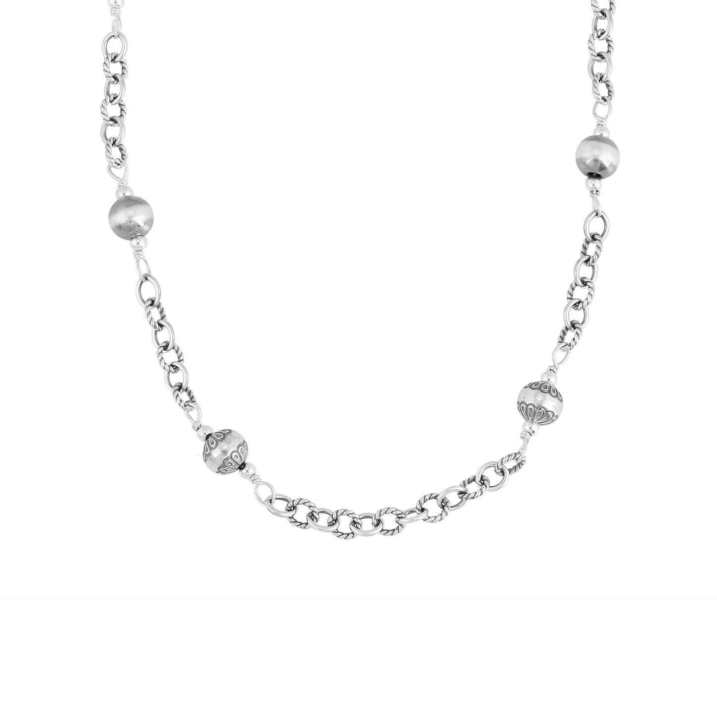 Sterling Silver Bead and Textured Oval Necklace