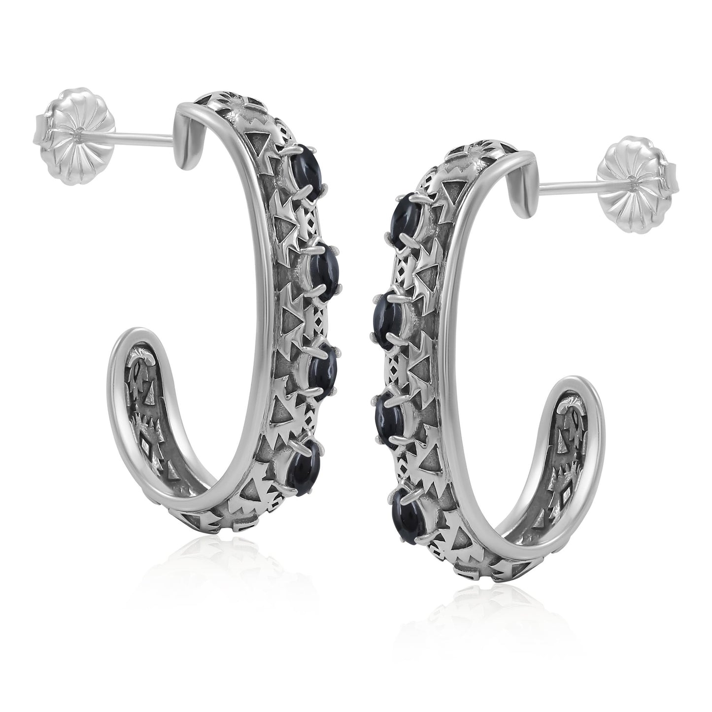 Sterling Silver Black Onyx Patterned J-Hoop 1 Inch Earrings