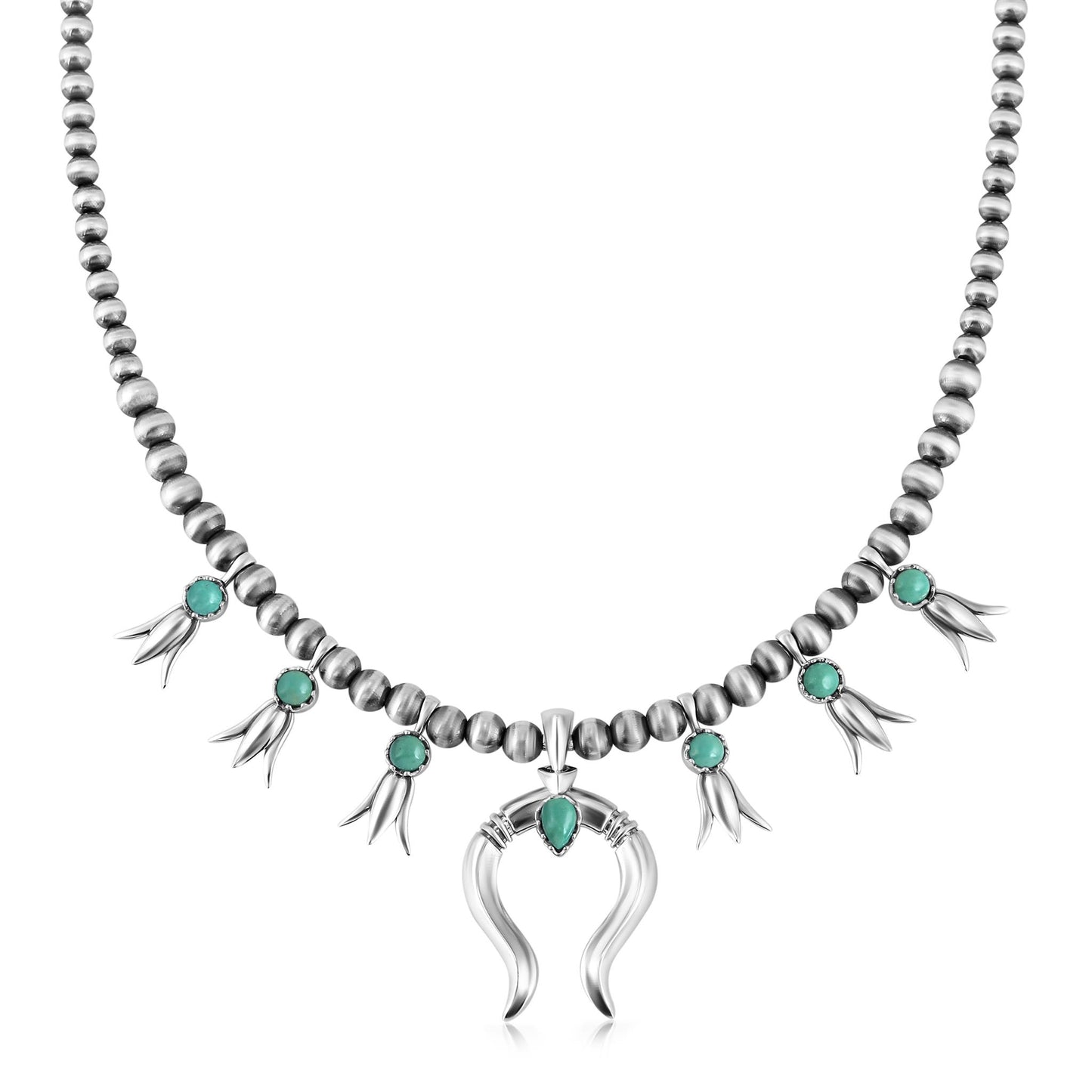Sterling Silver Green Turquoise Beaded Squash Blossom Necklace