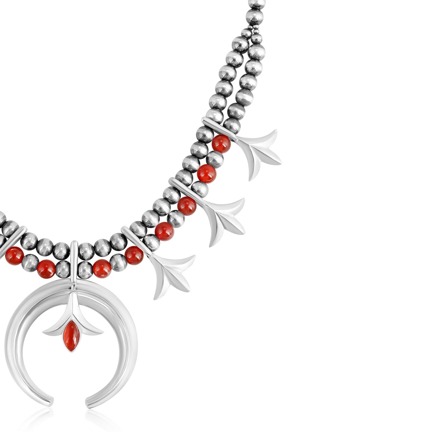 Sterling Silver Red Onyx and Red Agate Bead Squash Blossom Necklace