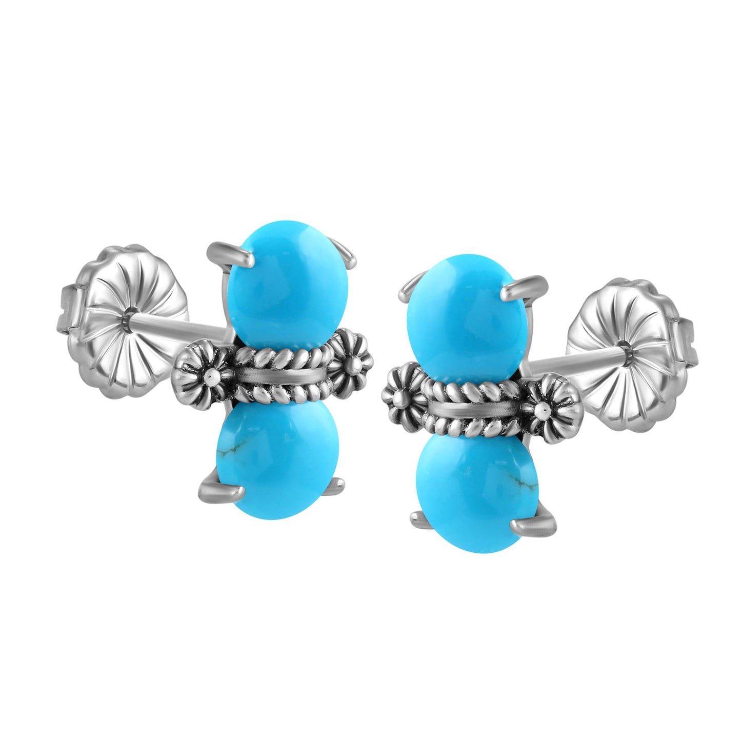 Sterling Silver Round Sleeping Beauty Turquoise Concha Stud Earrings