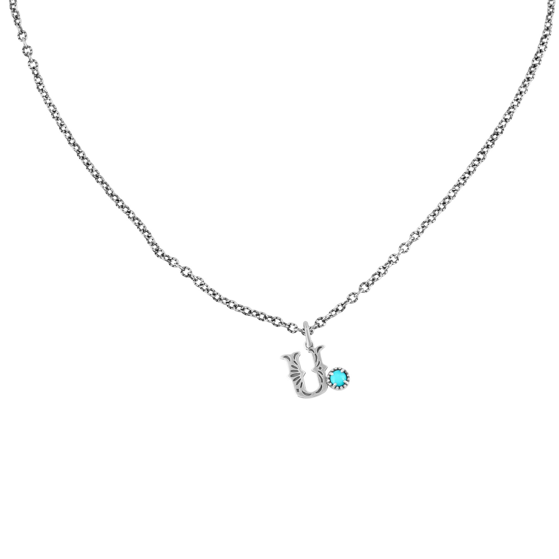 Sterling Silver Sleeping Beauty Turquoise Initial "U" Pendant and Chain Necklace, 17 to 20 Inches
