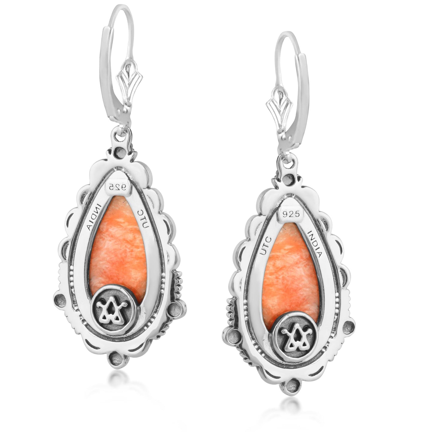 Sterling Silver Orange Spiny Oyster Gemstone Pear-Shaped Dangle Earrings