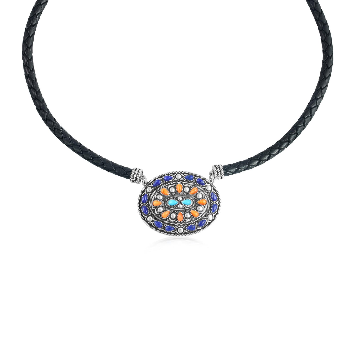 Sterling Silver Multi-Gemstone Oval Pendant Black Leather Necklace