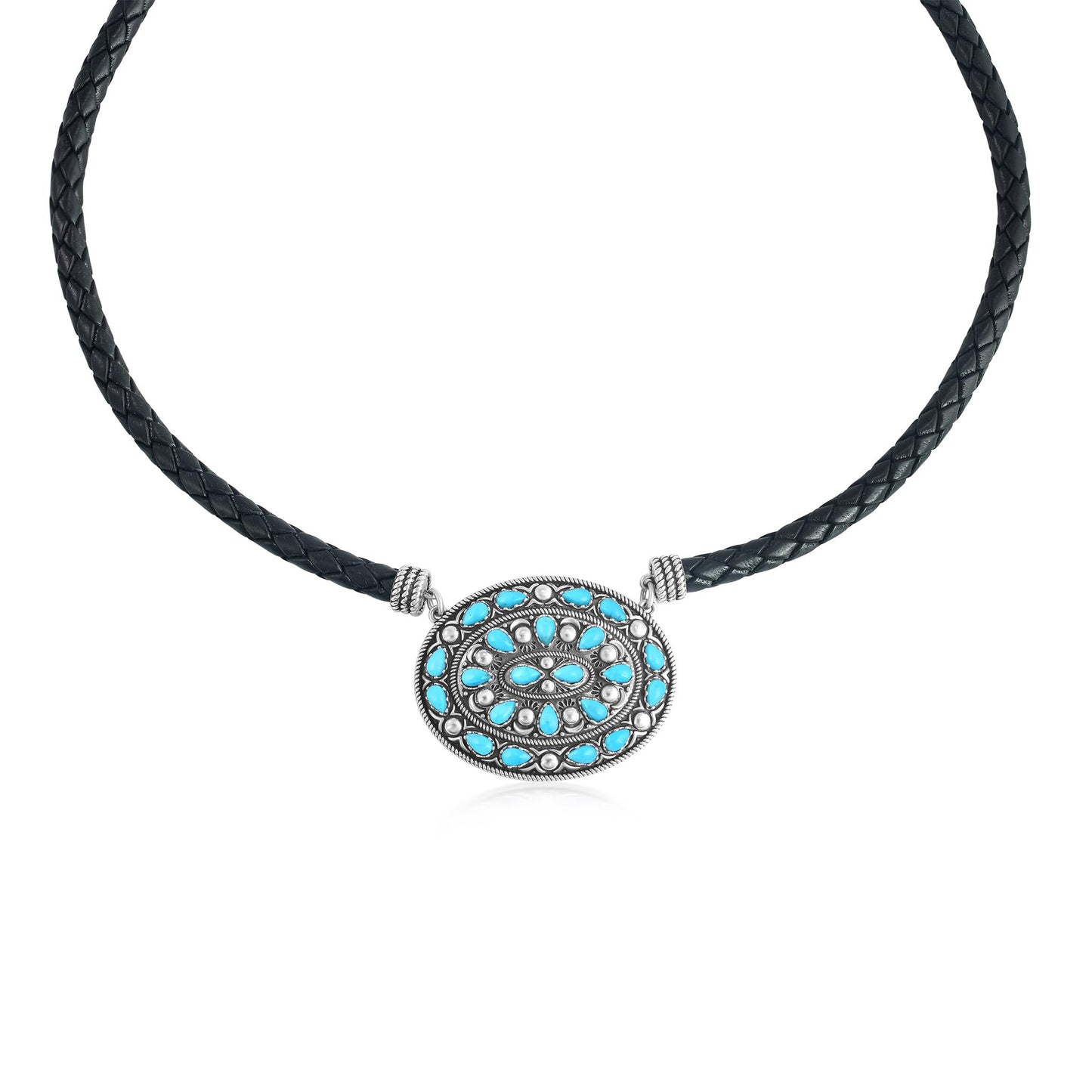 Sterling Silver Kingman Turquoise Oval Pendant Black Leather Necklace