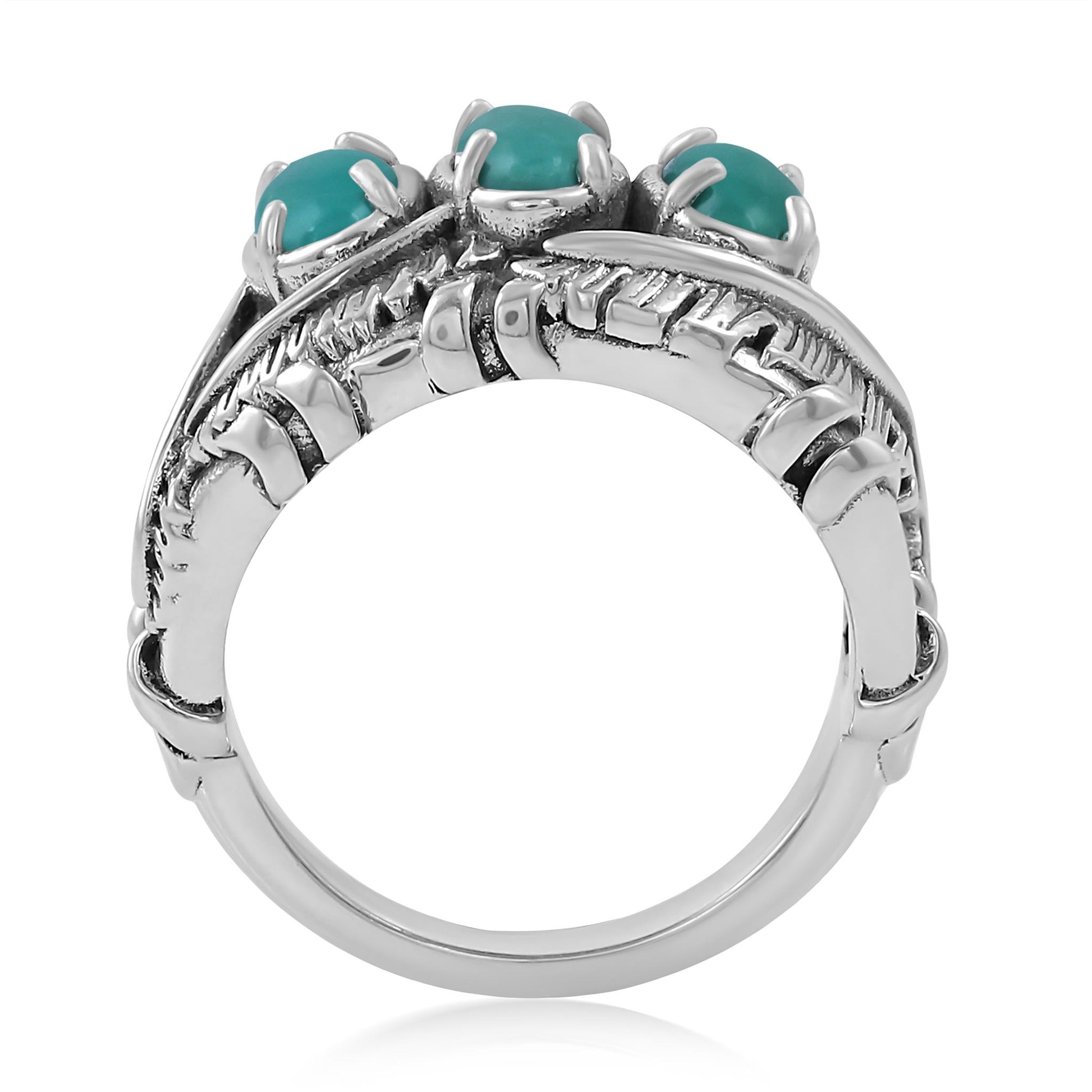 Sterling Silver Green Turquoise Three Stone Feather Ring