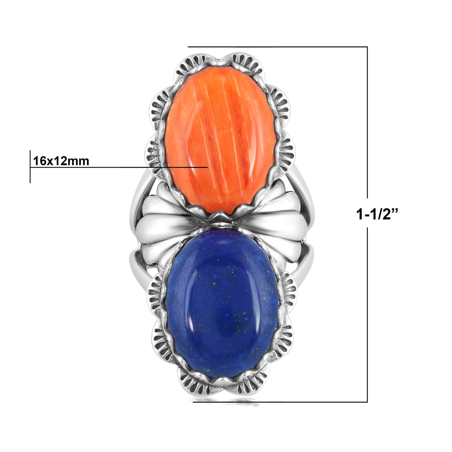 Sterling Silver Oval Lapis and Orange Spiny Oyster Scalloped Ring