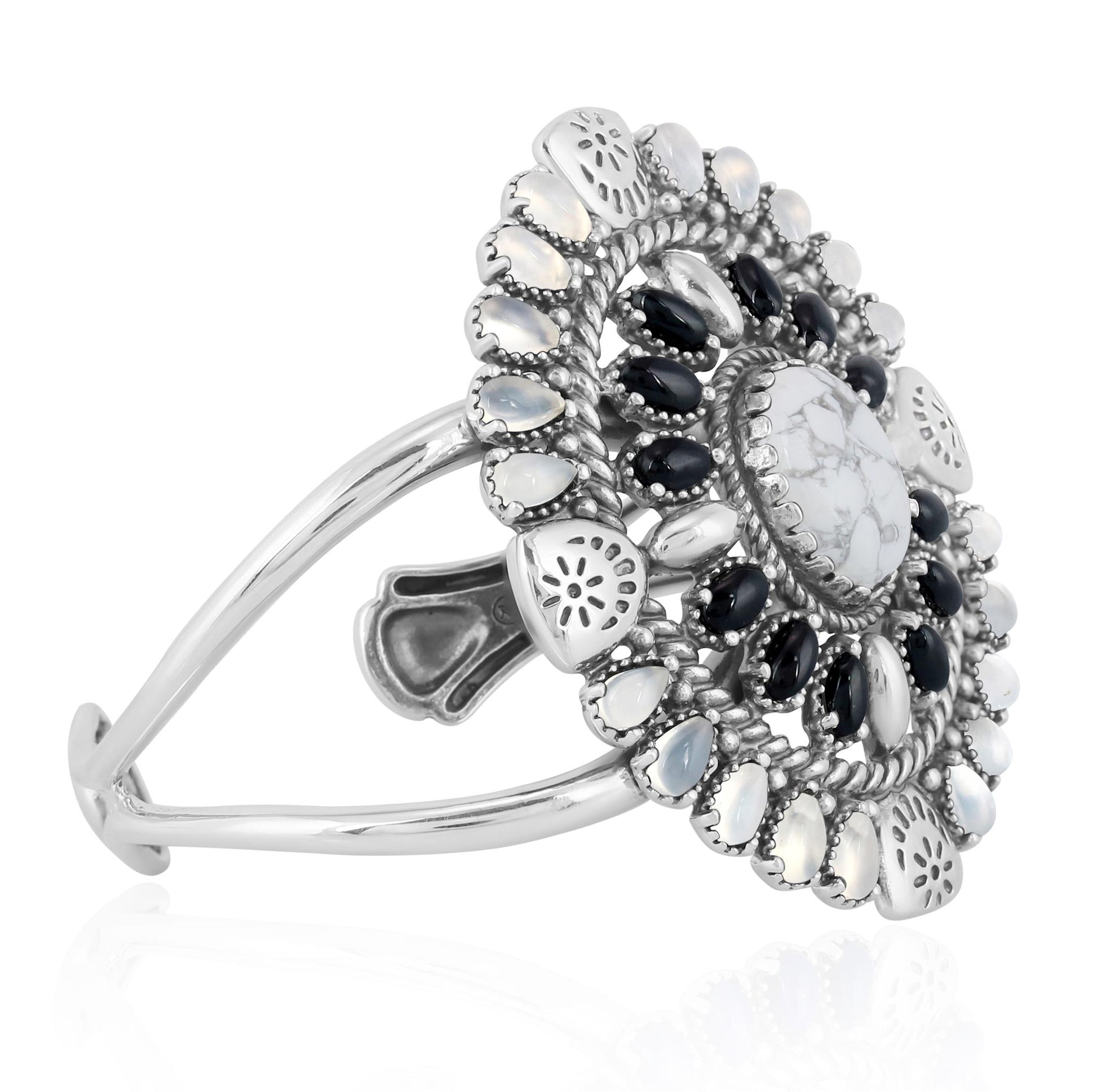 Sterling Silver White Howlite, Black Agate and White Agate Floral Cluster Cuff Bracelet