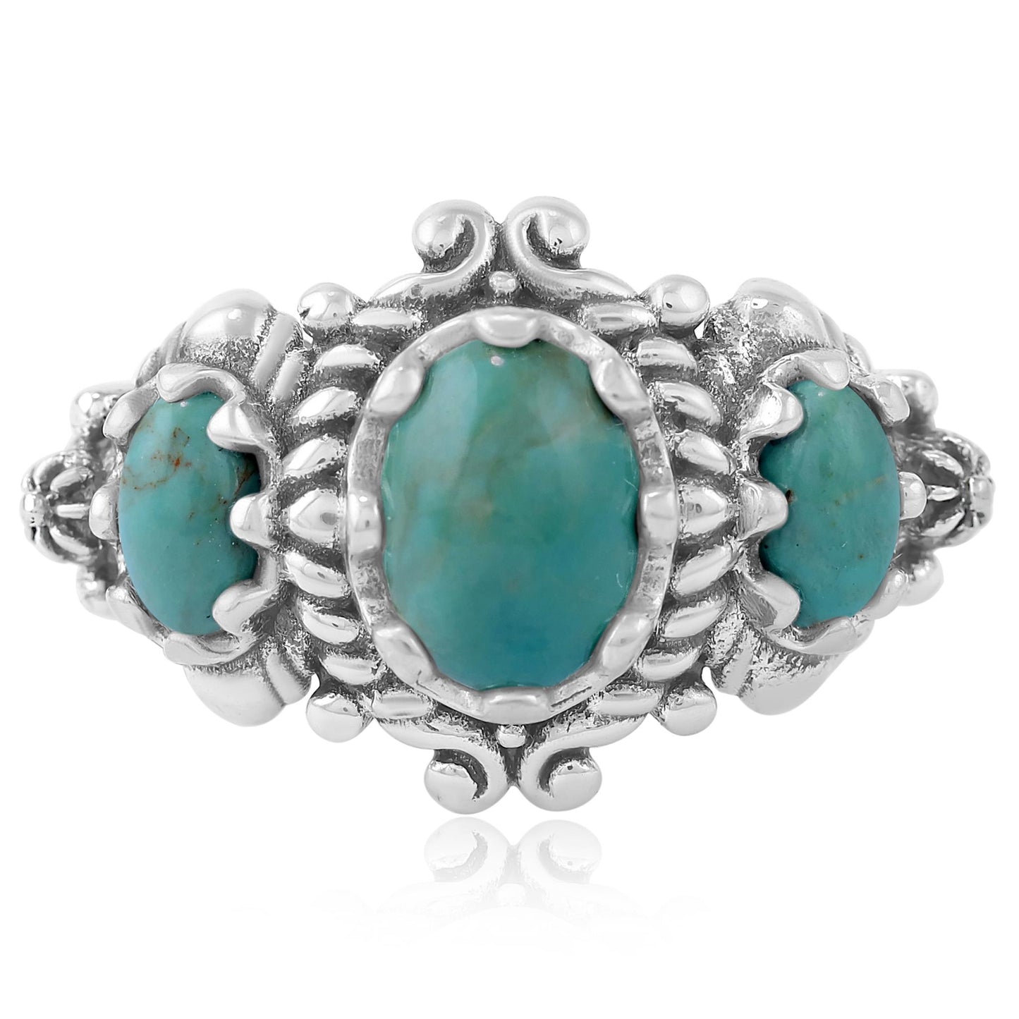 Sterling Silver Green Turquoise 3-Stone Oval Scalloped Bezel Ring