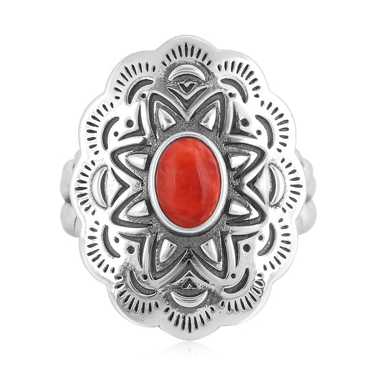 Sterling Silver Red Spiny Oyster Oval Gemstone Concha Ring