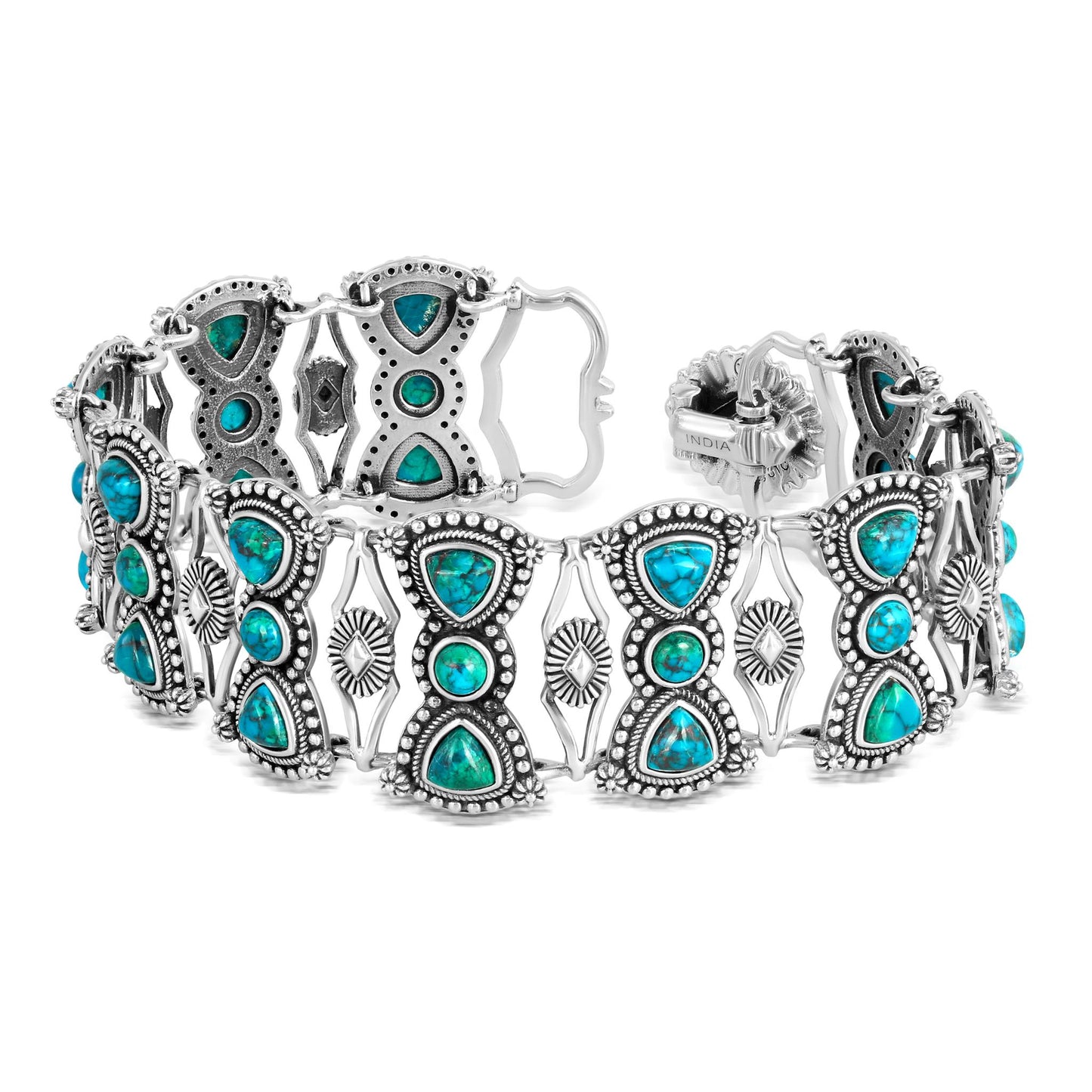Sterling Silver Chrysocolla Round and Trillion Cut Link Bracelet
