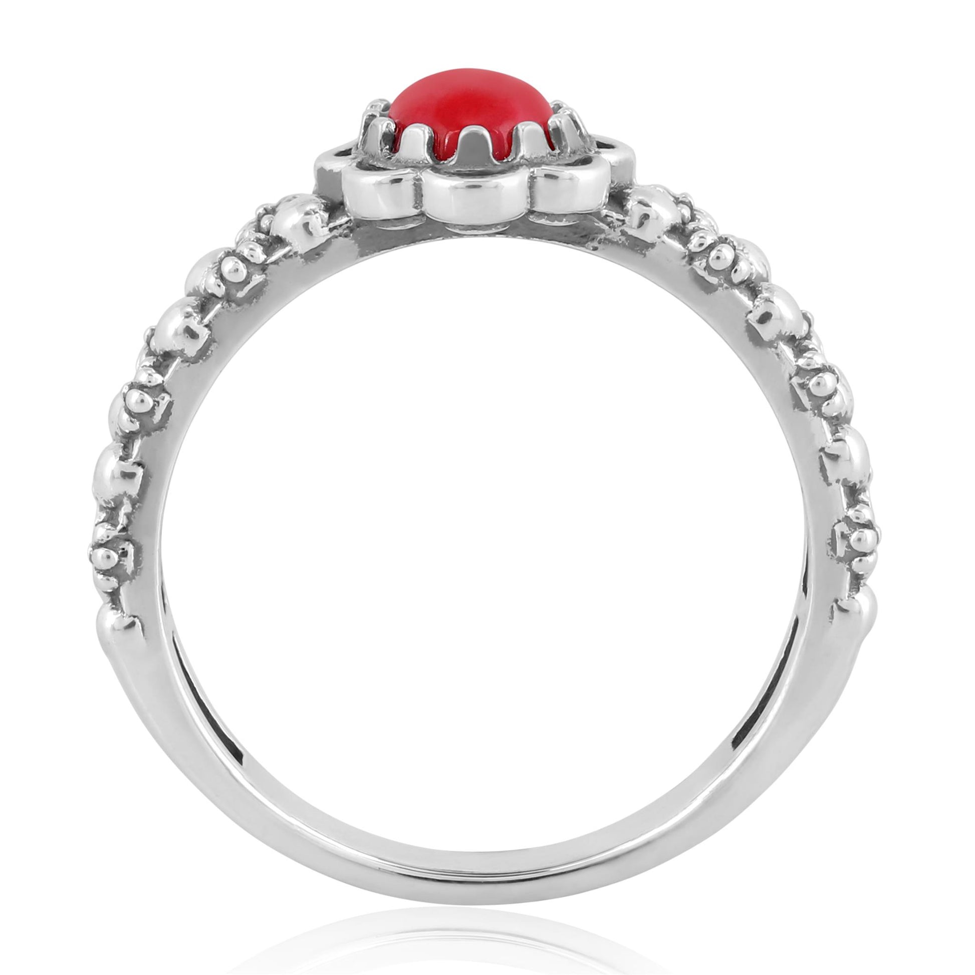Sterling Silver Red Coral Double Row Concha Flower Ring