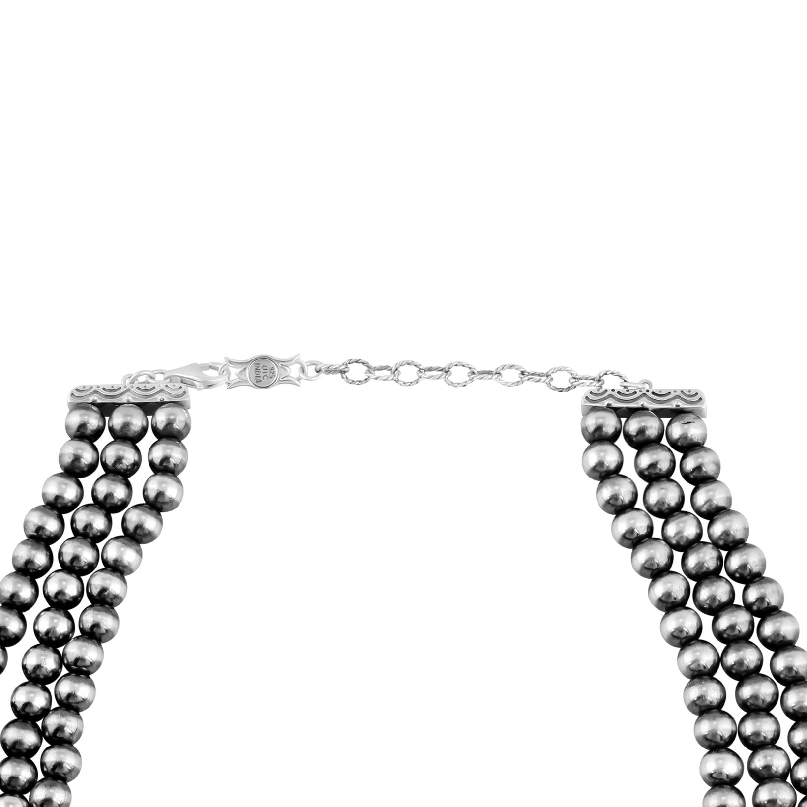 Sterling Silver Lapis Oval Cut Triple-Row Beaded Necklace