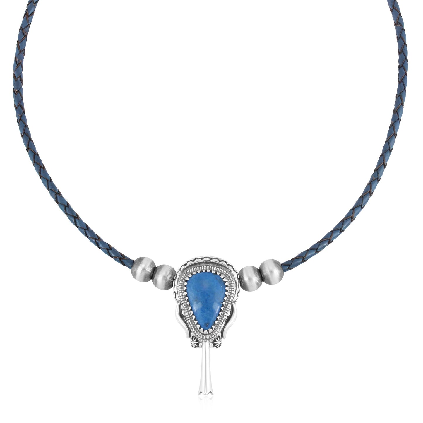Sterling Silver Lapis Blue Leather Squash Blossom Necklace