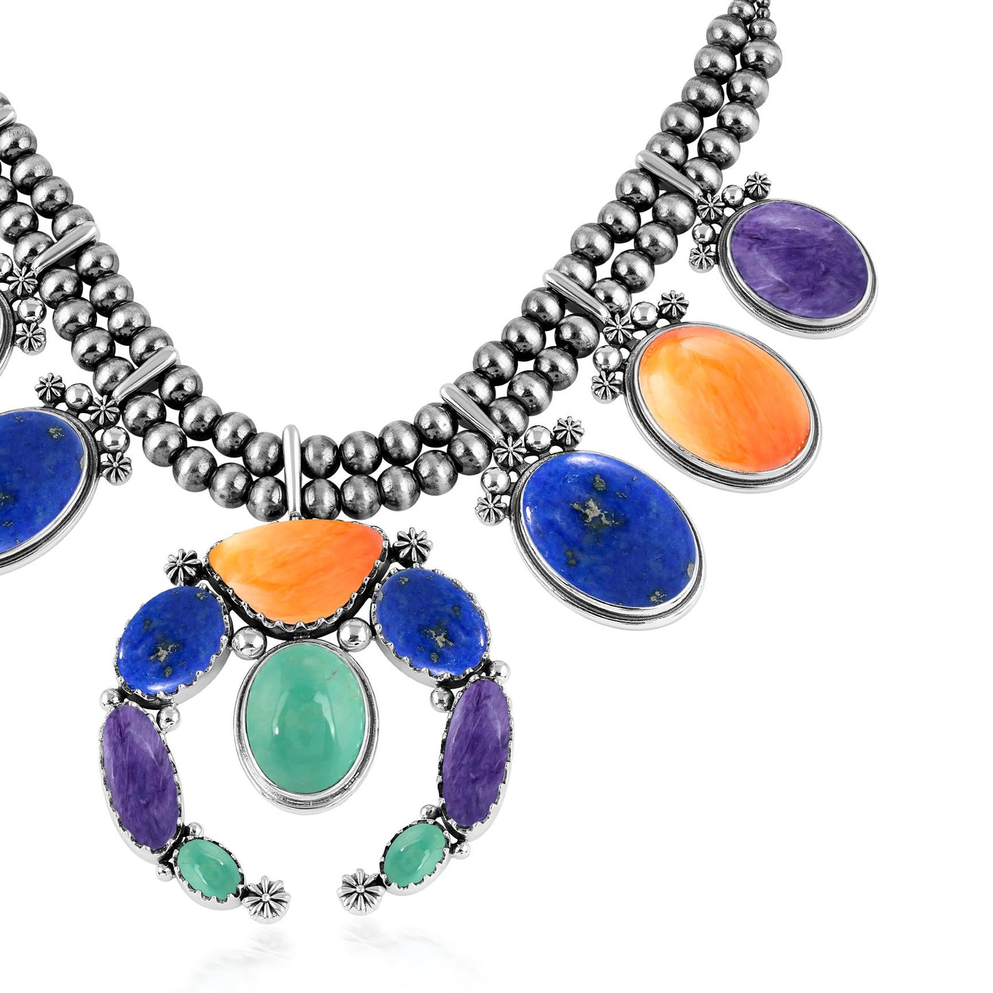 Sterling Silver Mutli-Gemstone Naja Squash Blossom Statement Necklace