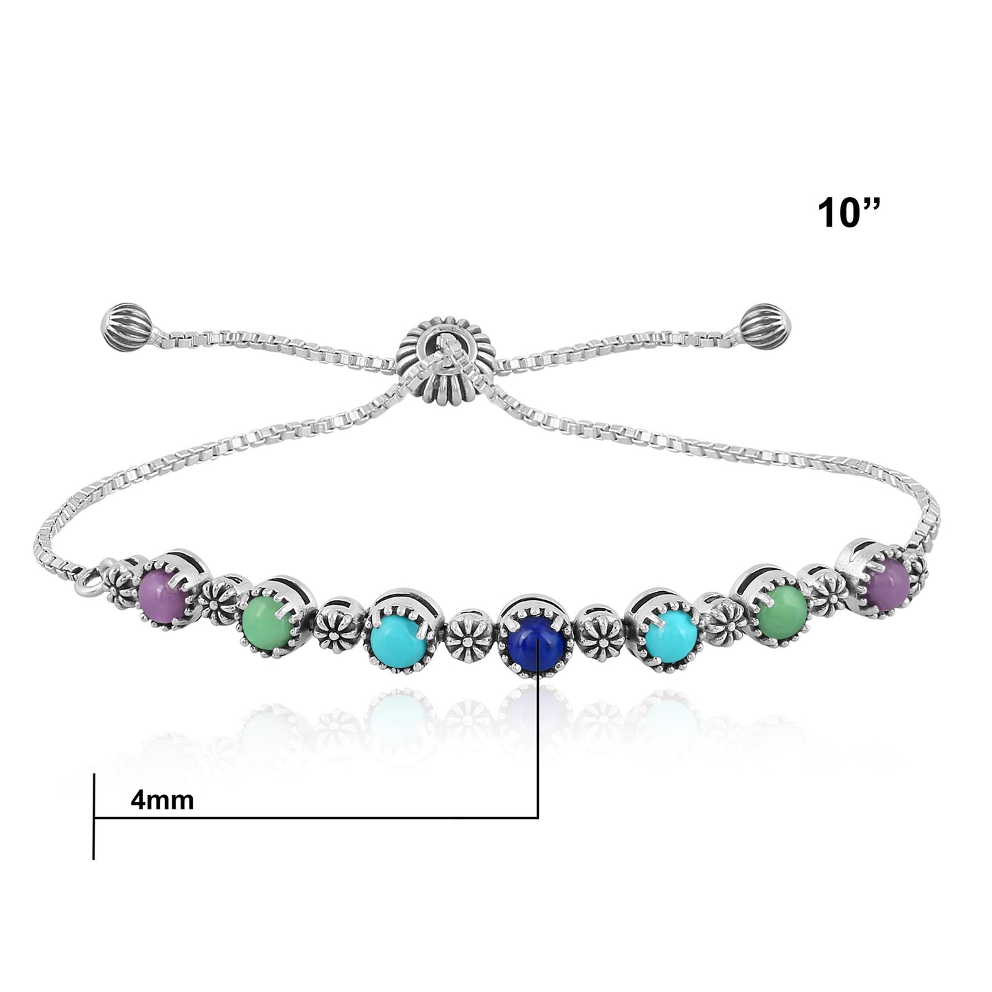 Sterling Silver Phosphosiderite, Turquoise, Variscite and Lapis Adjustable Friendship Bracelet