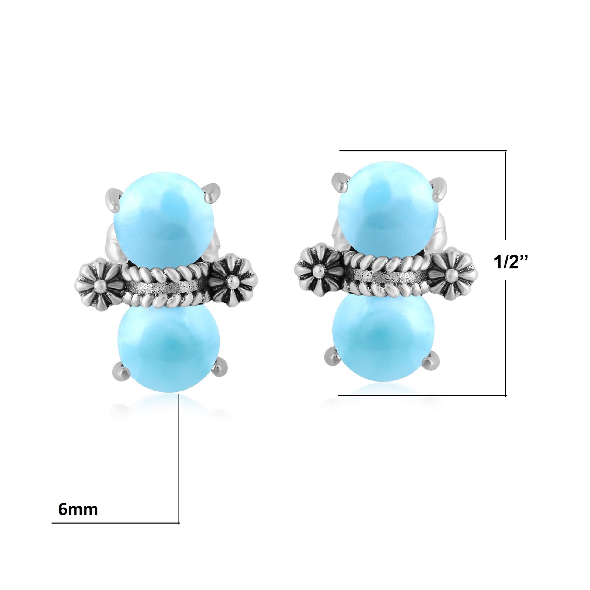 Sterling Silver Round Larimar Concha Stud Earrings