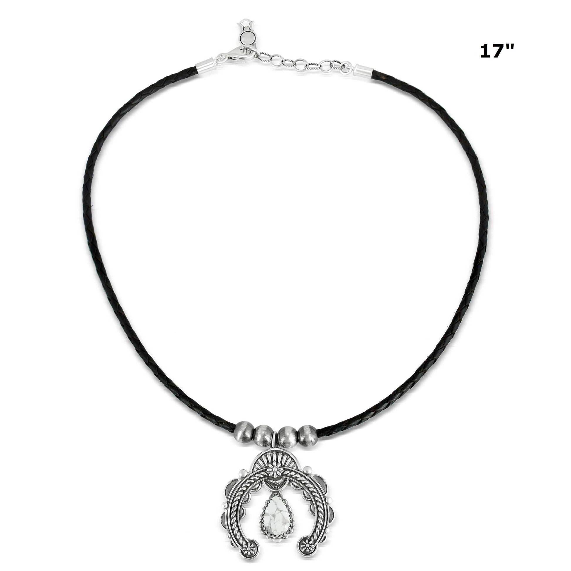 Sterling Silver White Howlite and Black Leather Pear Gemstone Naja Necklace