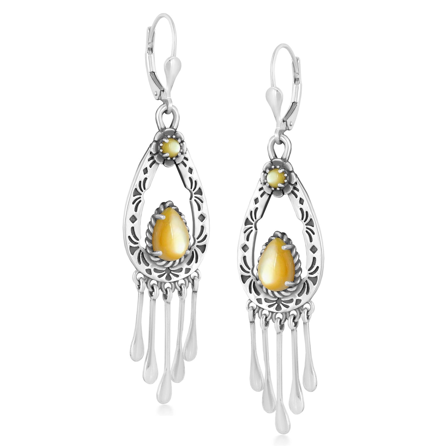 Sterling Silver Yellow Mother of Pearl Pear-Cut Lever Back Dangle Earrings