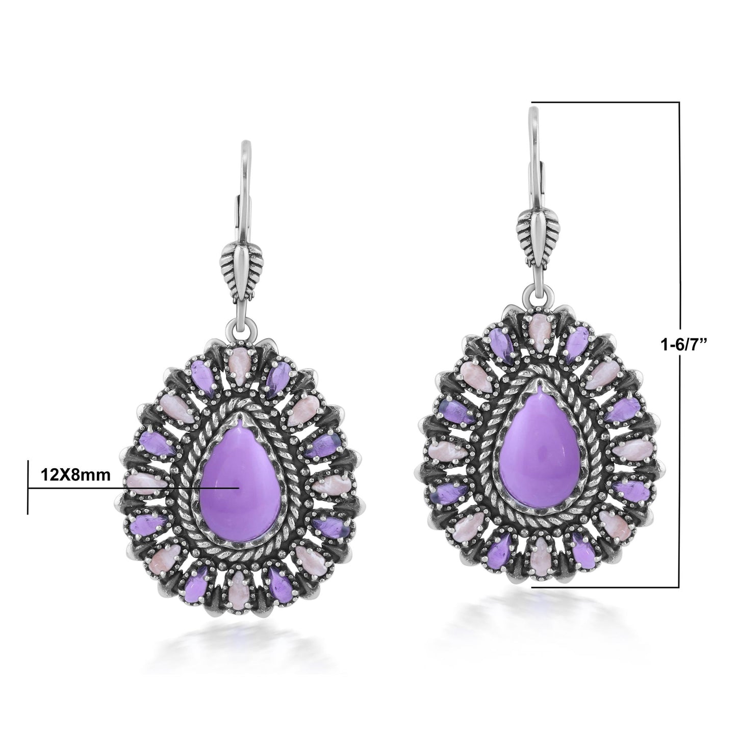 Sterling Silver Phosphosiderite, Rhodochrosite, and Amethyst Cluster Pear Shaped Dangle Earrings