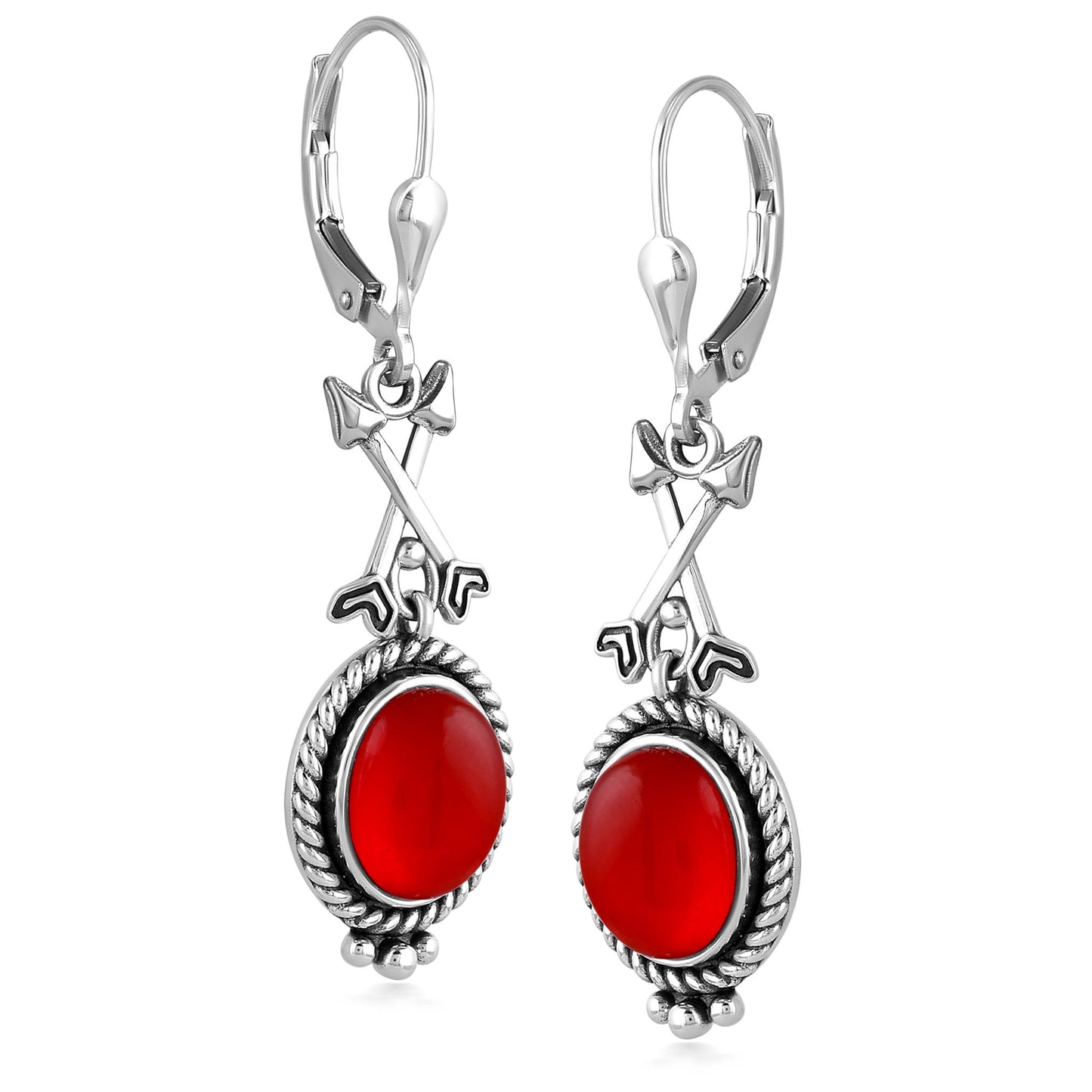Sterling Silver Red Onyx Crossed Arrrow Drop and Dangle Earrings